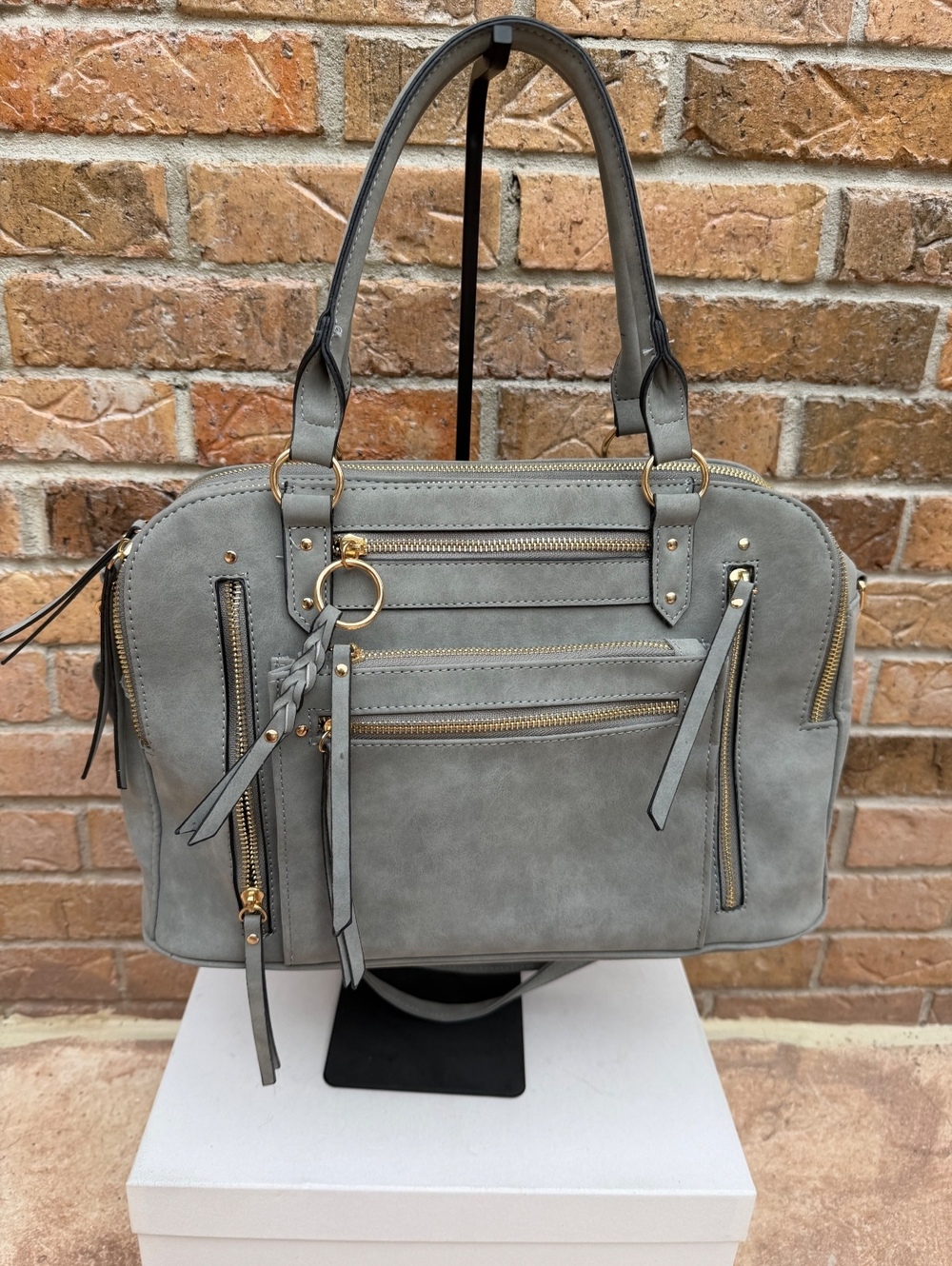 Gray Multi Pocket Satchel Shoulder Crossbody Bag Gold Hardware
